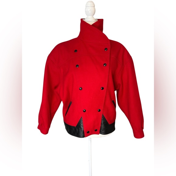Vintage Red Wool Blend Jacket Double Breasted Black Trim – Size Small - Picture 3 of 16